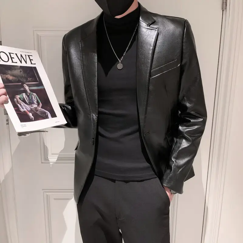 New Polo Collar Solid Color Leather Jacket Korean Slim