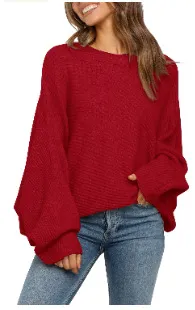 Round Neck Solid Color Loose Sweater Top Leisure Pullover Red - Shop at LoveMi