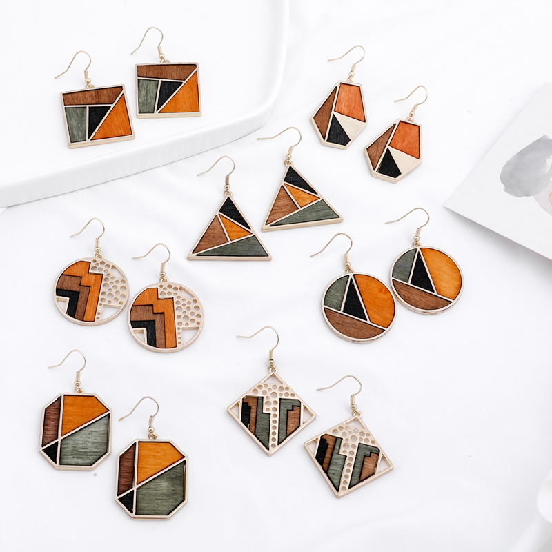 Wooden African Style Geometric Earrings