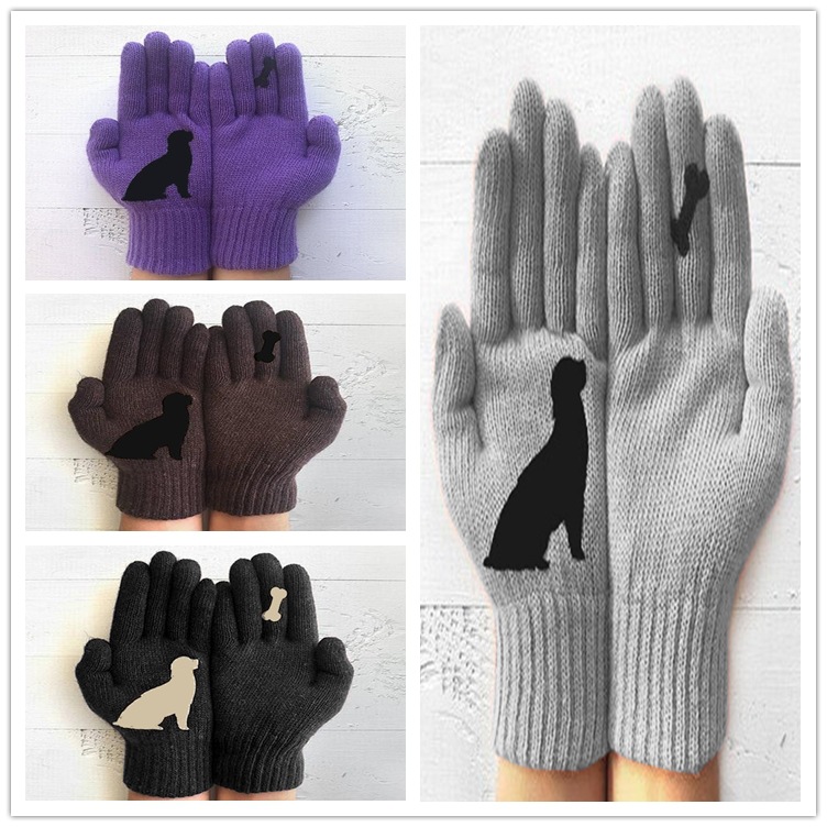 Women's Knitting Wool Gloves Autumn And Winter Finger Warm Thickened Puppy Bone Cute Printed Gloves