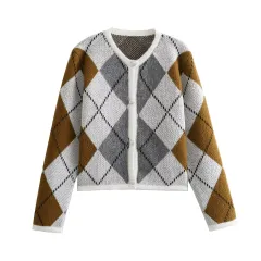 Rhombus Round Neck Knitted Cardigan Sweater - View 1