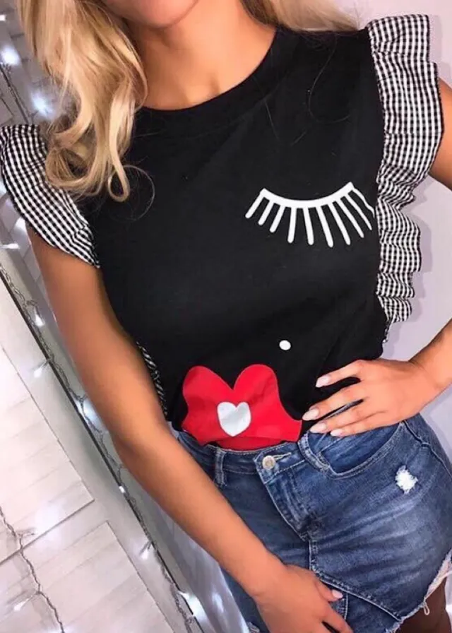 New Summer Fashion Printed Mouth Lip Print Eyelash Round Neck Top Women's T shirt Black - Shop at LoveMi