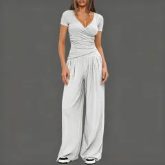 Women's Short-sleeve Sportswear And Wide-leg Pants Set - Light Gray - View 1