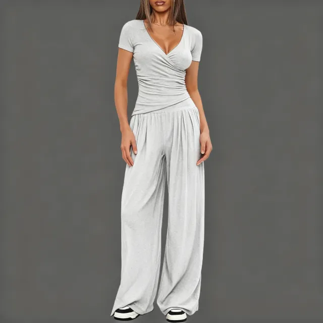 Women's Short sleeve Sportswear And Wide leg Pants Set Light Gray - Shop at LoveMi