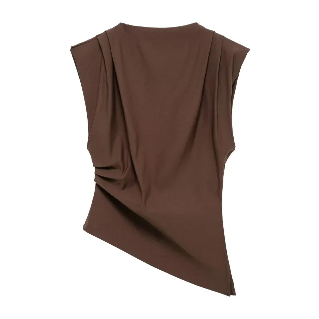 Pleated Decorative Padded Shoulder Top Brown - Shop at LoveMi