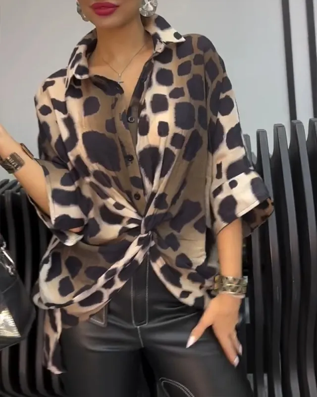 Solid Color Off shoulder Top Leopard Print Loose 34 Sleeve Leopard Color - Shop at LoveMi