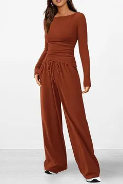 Casual Suit Asymmetric Long-sleeved T-shirt Wide-leg Pants Sportswear - Brick Red - View 1