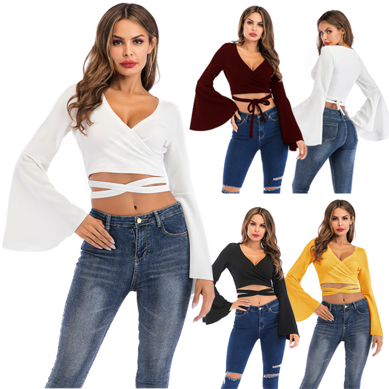 Sexy Lace-up Midriff-baring Long Sleeves With Bell Cuffs