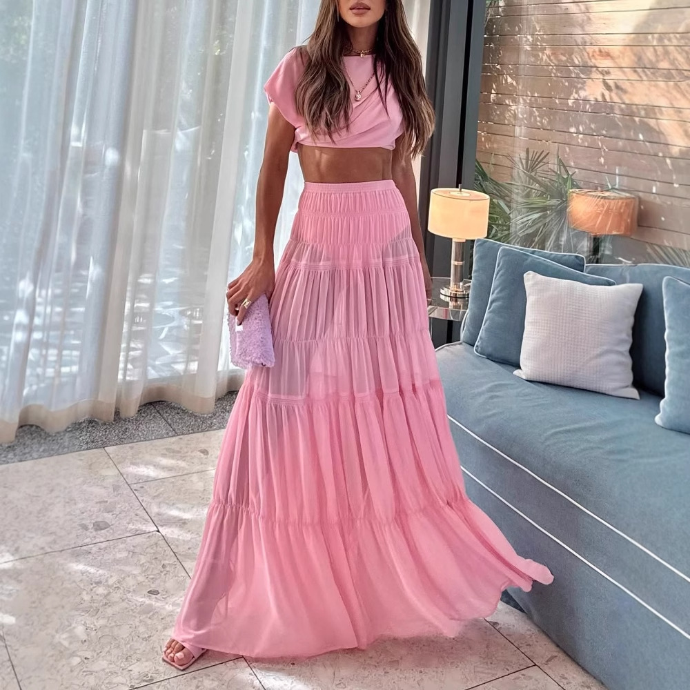 Round Neck Pleated Jacket  Patchwork Skirt Two-piece Suit