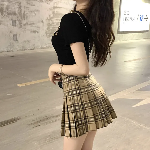 Plaid Pleated Skirt Women's Summer Figure Flattering A Line Skirt Yellow - Shop at LoveMi
