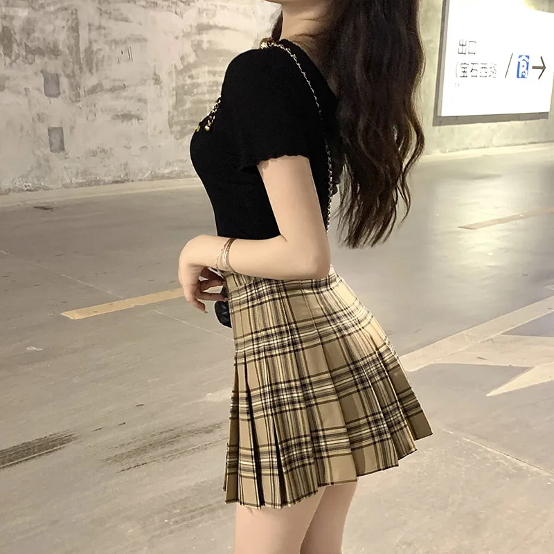 Plaid Pleated Skirt Women's Summer Figure Flattering A- Line Skirt - Yellow