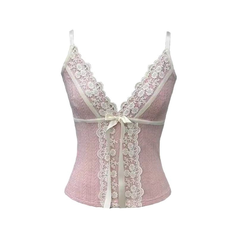 Women's Lace V neck Bow Tied Spaghetti strap Top Pink - Shop at LoveMi