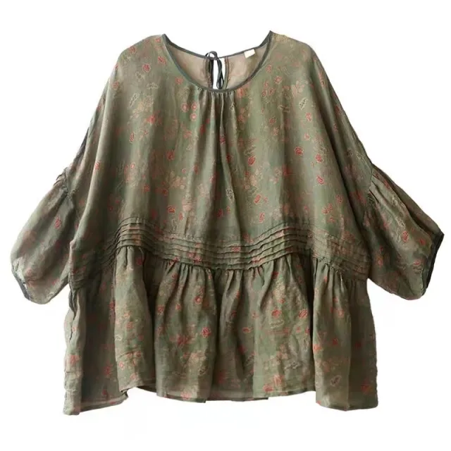 Summer Artistic Vintage Floral Cotton And Linen Shirt Green - Shop at LoveMi