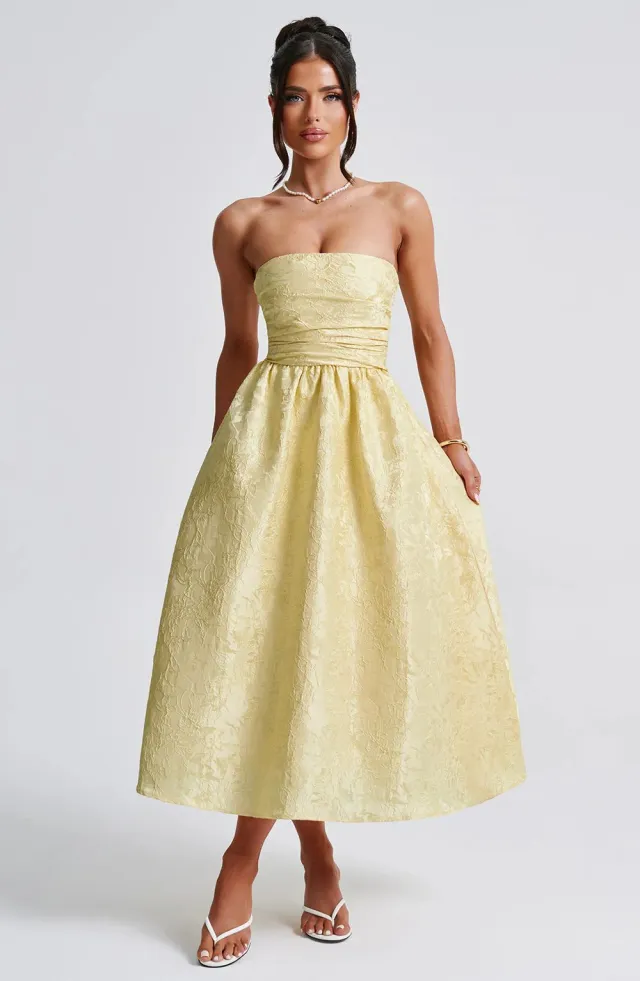 Women's Slim fit Jacquard Satin Tube Top Dress Yellow - Shop at LoveMi
