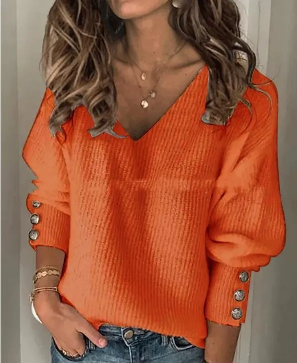 All match Knitted V neck Loose Long sleeved T shirt Orange - Shop at LoveMi