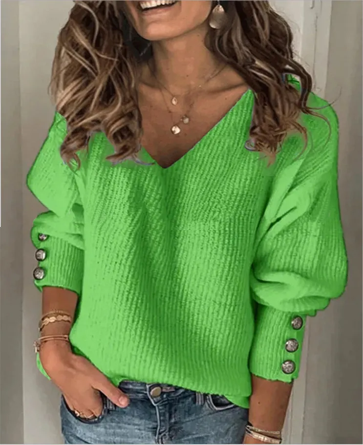 All-match Knitted V-neck Loose Long-sleeved T-shirt - Grass Green