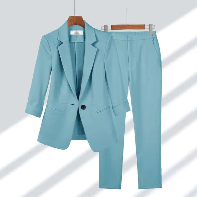 Casual Blazer Set Solid Color Lapel Single breasted Jacket And Zipper Straight Pants Women's Office Business Suit Blue Outfit Top Pants - Shop at LoveMi