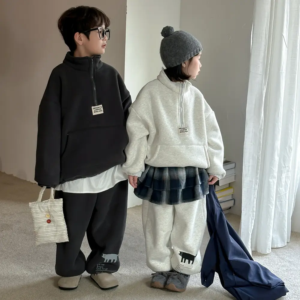 Winter Clothes For Boys And Girls Korean-style Labeling Half Zipper Two-piece Set