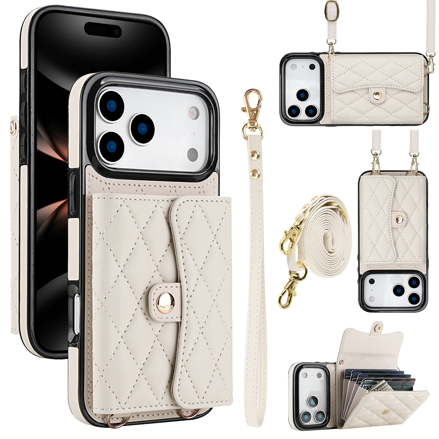 Phone Case Protective Leather Cover Crossbody Shoulder Strap Quilted Chanel-style 6