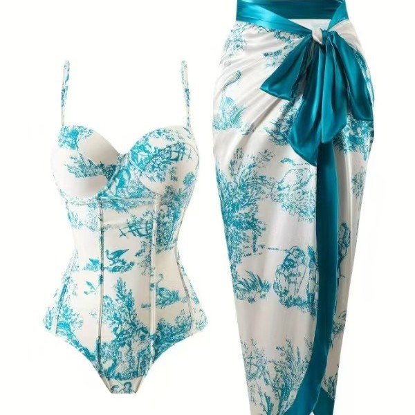 Slimming Retro Printed Underwired Structured Swimsuit With Chiffon Maxi Skirt