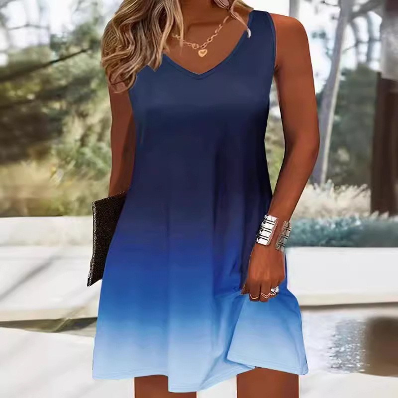 Printed Fashion Casual Sleeveless V-neck Gradient Color Strap Dress