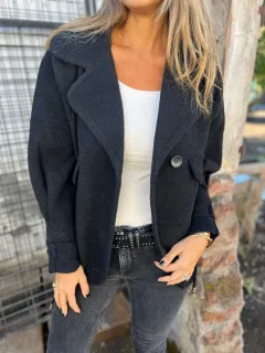 Women's Solid Color Casual Woolen Lapel Button Faux Pocket Coat - Black - View 1