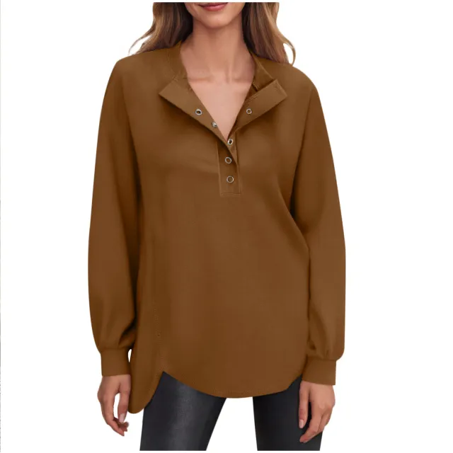 Women's Fashion Casual Solid Color Round Neck Button Long Sleeve Top Brown - Shop at LoveMi