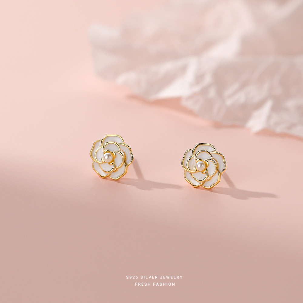 S925 Sterling Silver Camellia Pearl Stud Earrings For Women