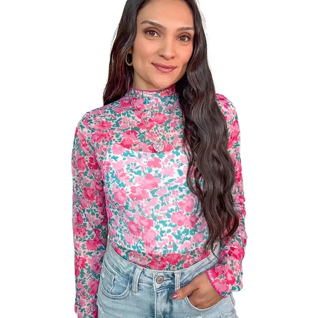 Women's Round neck Fashionable Versatile Floral print Top Pink - Shop at LoveMi