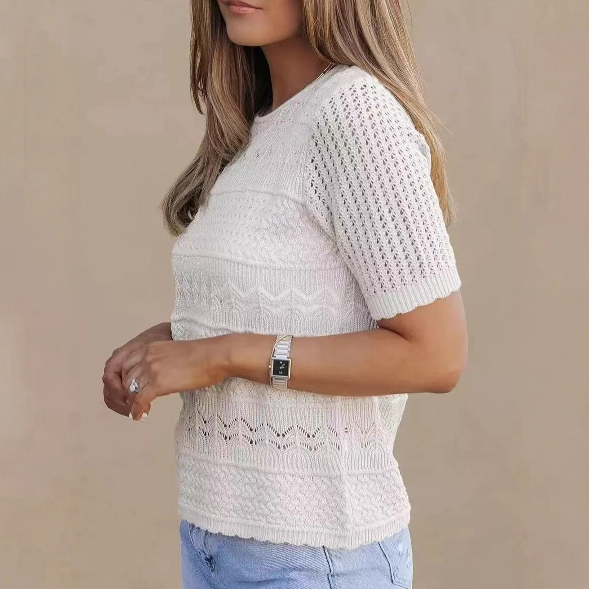 Womens Fashionable Casual Crew-neck Hollow-out Short-sleeve Top