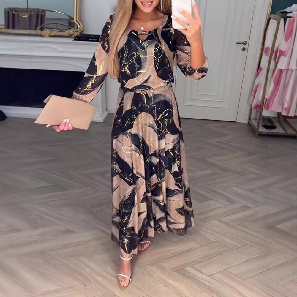 Temperament Elegant Cropped Sleeves Printed Waist-controlled Dress