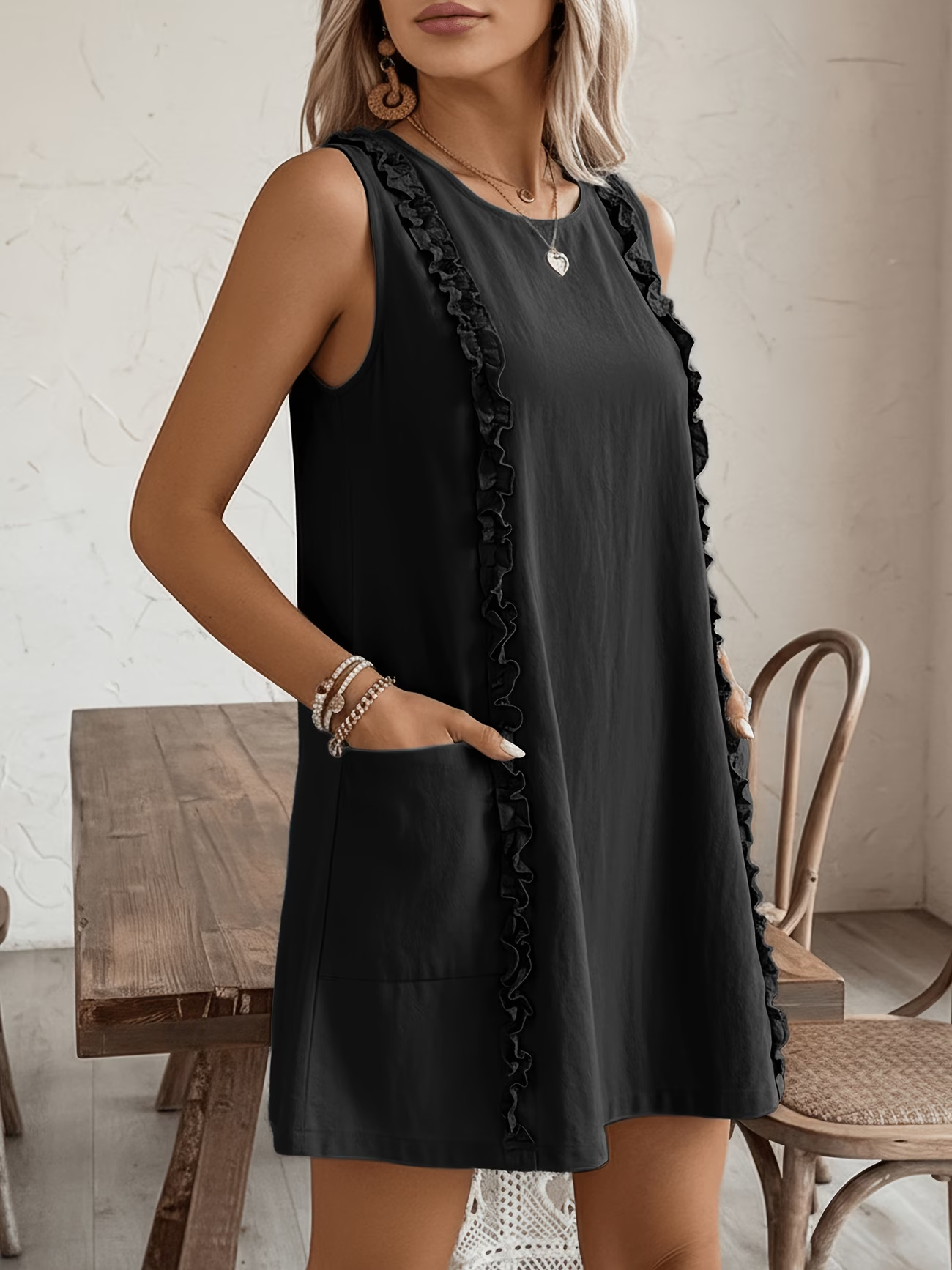 Women's midi dress with ruffle trim – styled look