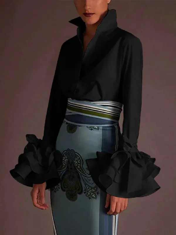Women's Solid Color Slim Casual Ruffle Sleeve Shirt Top Black - Shop at LoveMi
