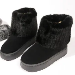 Autumn And Winter Leisure Thick-soled Round Toe Furry Trousers Boots - Black - View 1