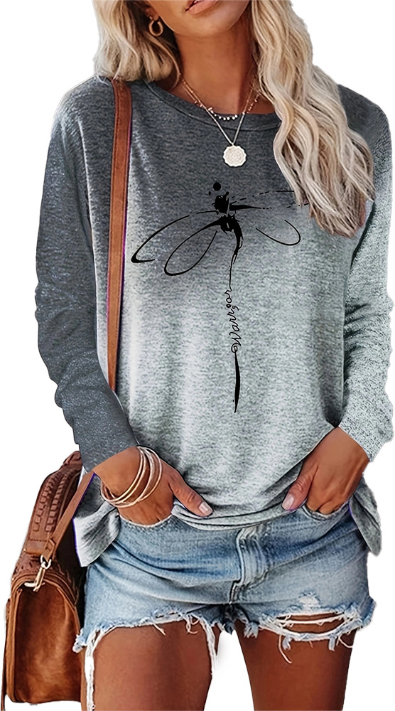 Dragonfly Pattern Round Neck Long Sleeve Women's T shirt Tops Grey - Shop at LoveMi
