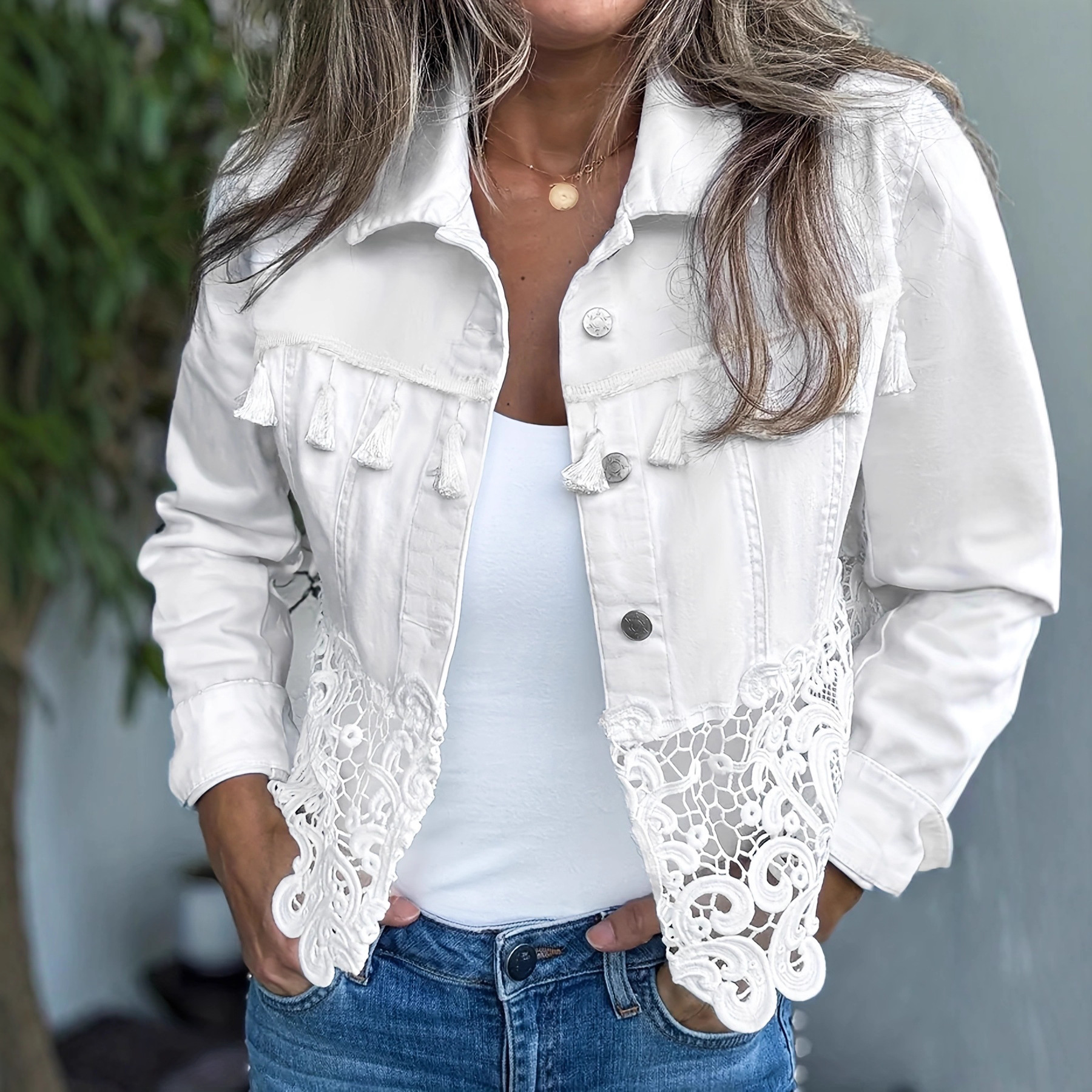 Womens Lapel Hem Hollow-Out Patchwork Tassel Coat