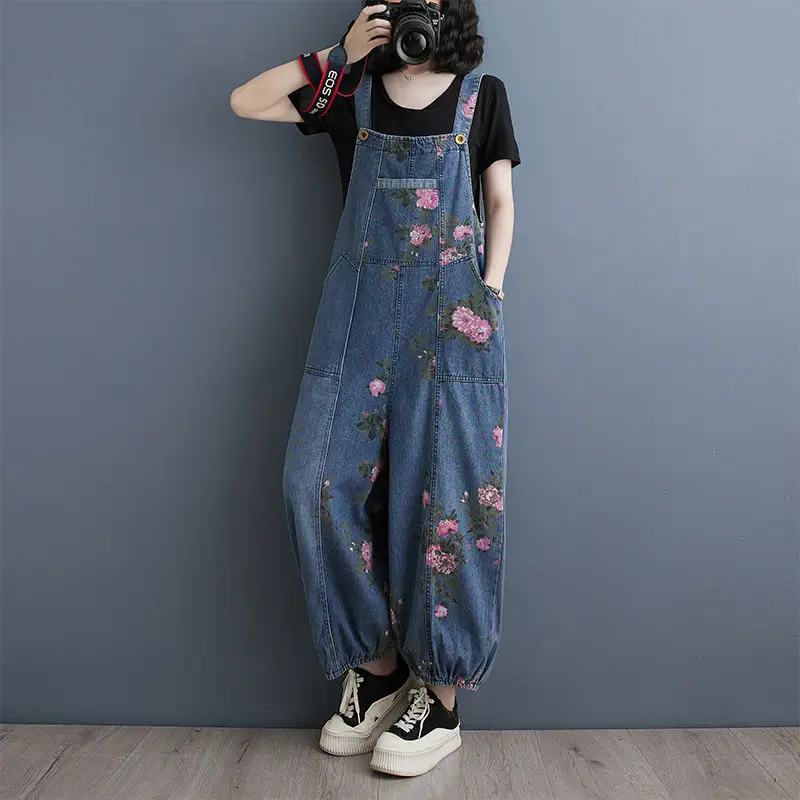 Denim Suspender Pants Ankle-tied Straight Denim Jumpsuit