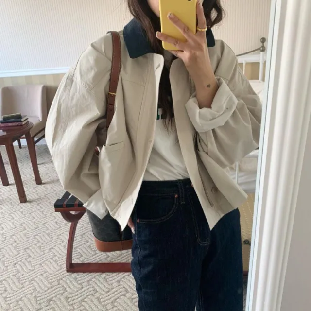 Korean Style Loose Contrast Color Lapels Single breasted Casual Short Top Beige - Shop at LoveMi