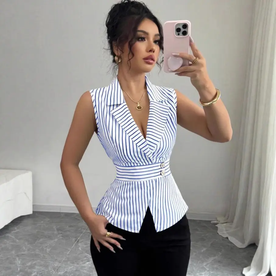 Womens Striped Button-front Sleeveless V-neck Blouse