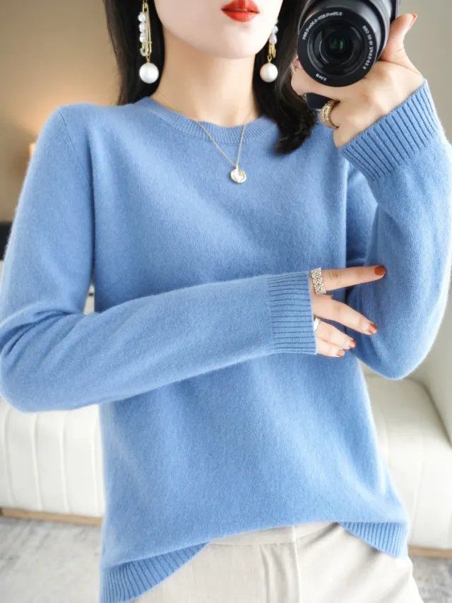 Slim Fit Solid Color Round Neck Base Pullover Sweater Haze Blue - Shop at LoveMi