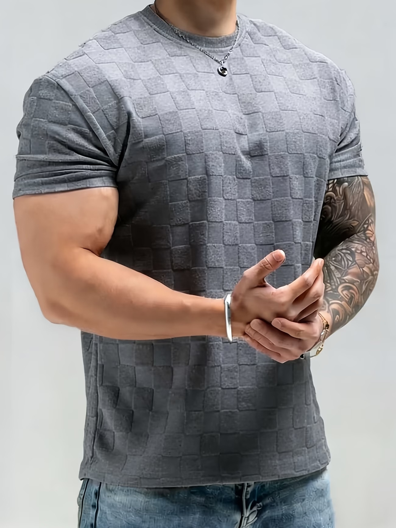 Mens Summer Checkerboard Jacquard Short-Sleeve Shirt