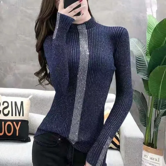 Slim Fitting Diamond Studded Versatile Top With Trendy Long Sleeves Blue - Shop at LoveMi