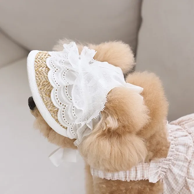 Lace Straw Sun Hat Dog Pet Rope Pig Nose Button Adjustable Hat