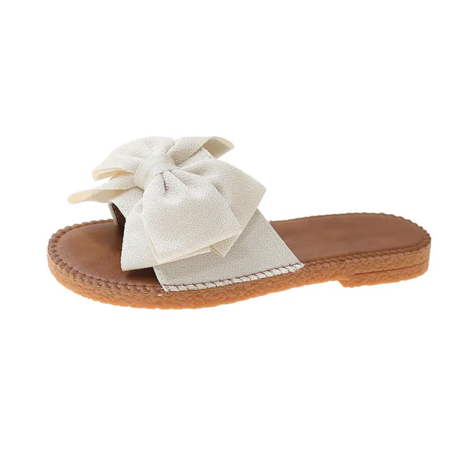 Women's Slip on Cloth Sandals Summer Soft Bottom Flat Heel Bow Beige - Shop at LoveMi