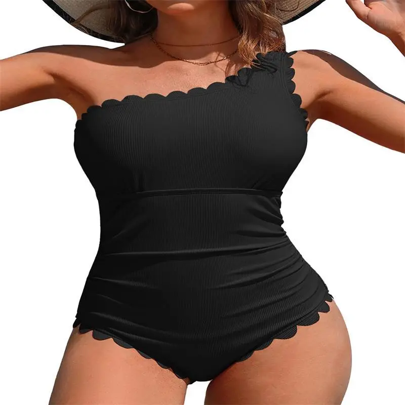 Women's One-piece Solid Color Swimsuit With Cut Flowers - Black