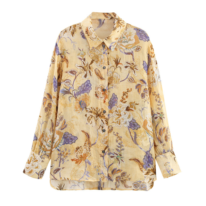 Linen Blended Ethnic Style Floral Print Long Sleeve Shirt