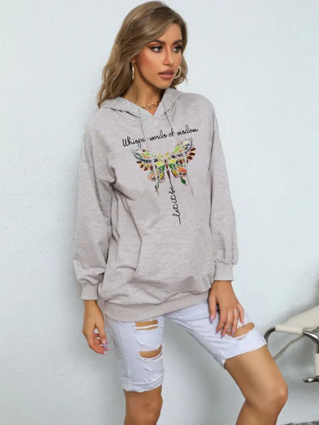 Fashion Butterfly Print Heel Wrapped Collar Brushed Hoody Gray - Shop at LoveMi