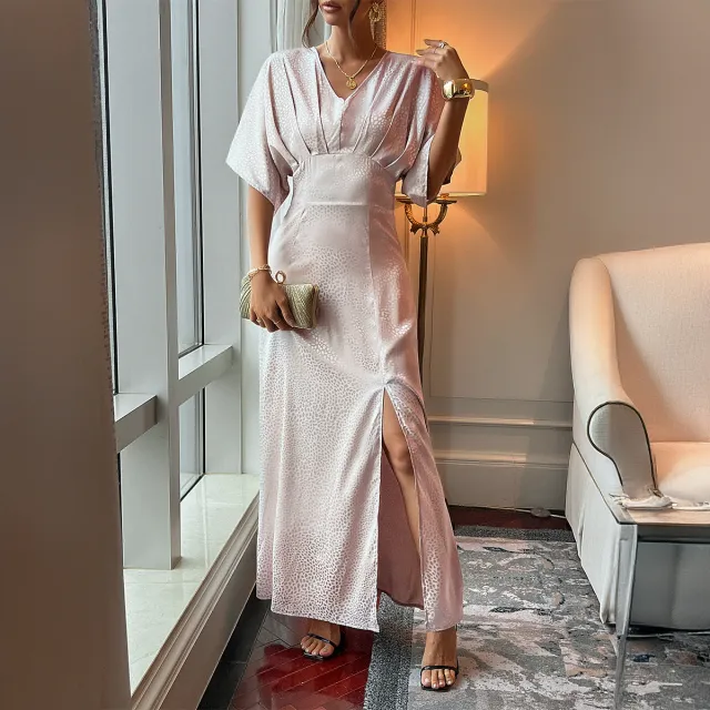 Women's Retro Elegance Split Short Sleeve Mid length Dress Pink - Shop at LoveMi