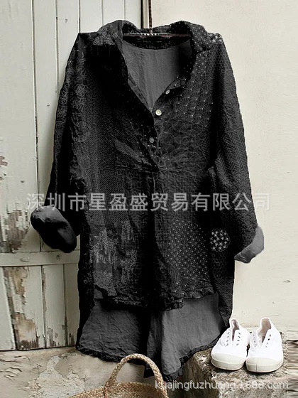 Womens Retro Linen Loose-Fit Shirt Top