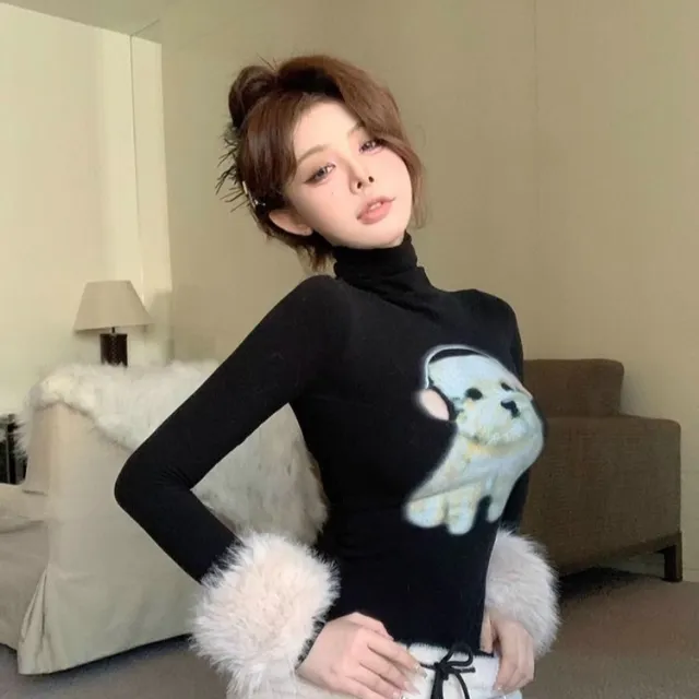 Sexy Alluring Miniature Dog Print Turtleneck Long Sleeve T Shirt For Women Black - Shop at LoveMi